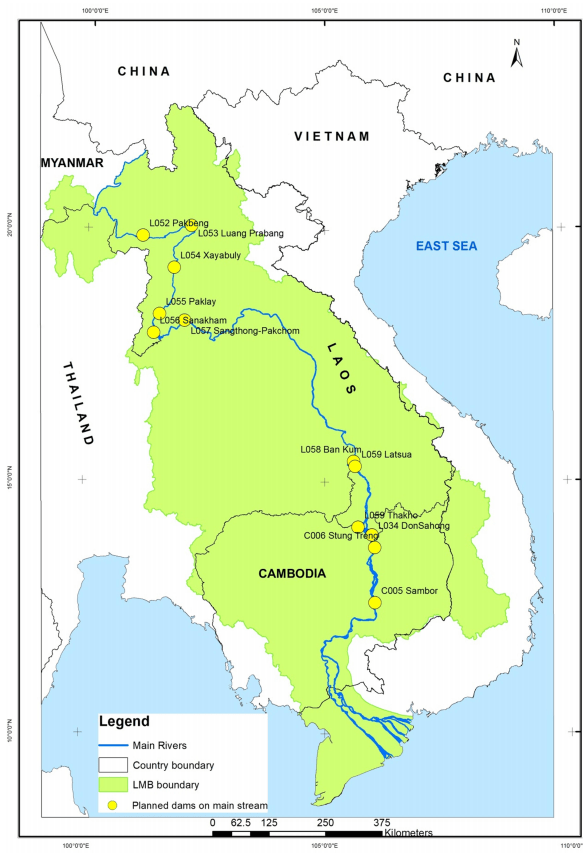 Locations of proposed Lower Mekong Basin hydropower dams